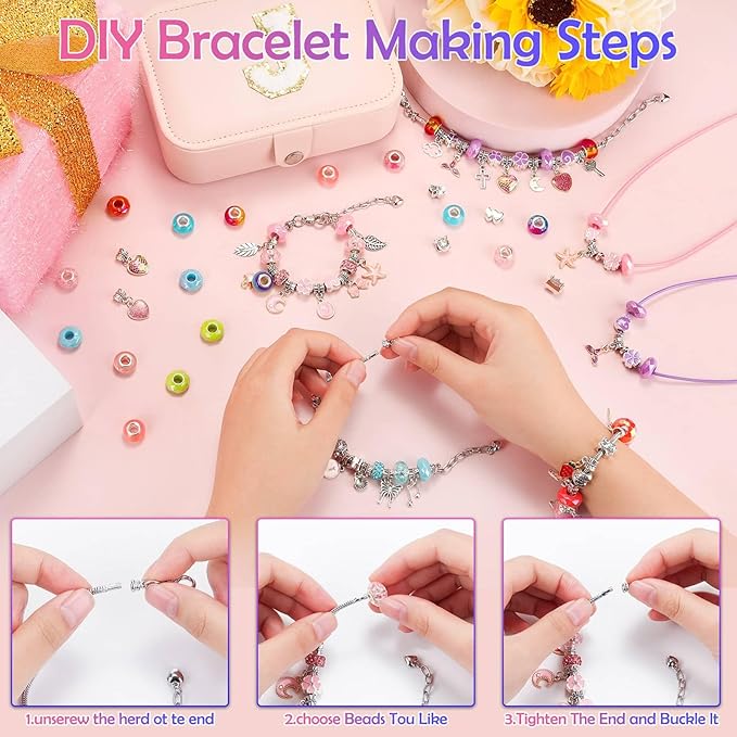Bracelet Charm Making Kit with Jewelry Box Charm Beads for Jewelry Making DIY Bracelet Craft Kit for Birthday Gifts Valentine Christmas