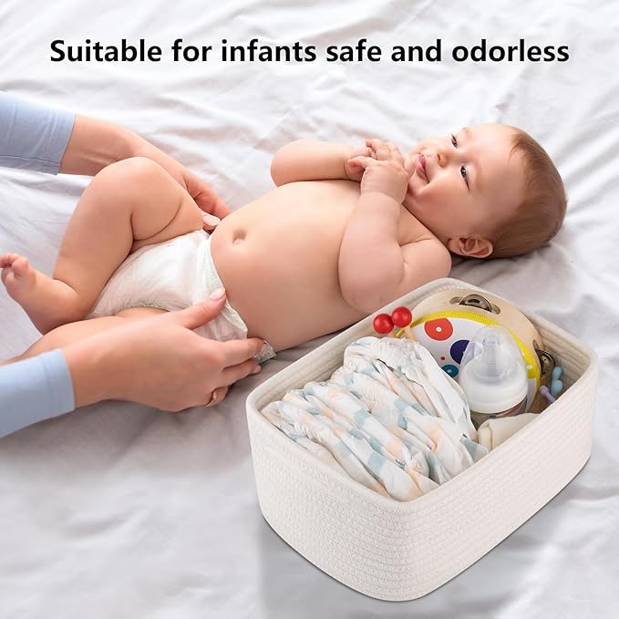 4 Pack Small Storage Shelf Baskets for Organizing, Mini Woven Rope Storage Bins for Towels, Cute Decorative Closet Organizer，Baby Nursery, Gift Empty Baskets -13''Lx8.66''Wx5.11''H-White