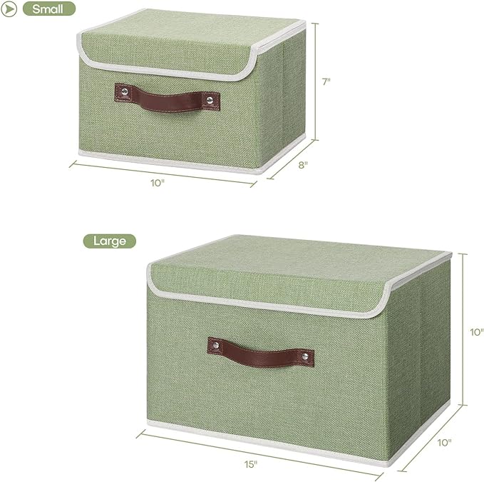 ANMINY 2PCS Storage Bins with Lid PU Leather Handles Storage Boxes PP Plastic Board Decorative Foldable Lidded Cotton Linen Fabric Home Cubes Baskets Closet Organizer Containers - Green, Small Size