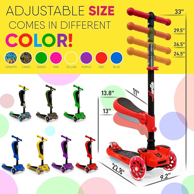 Hurtle 3-Wheeled Scooter for Kids - Wheel LED Lights, Adjustable Lean-to-Steer Handlebar, and Foldable Seat - Sit or Stand Ride with Brake for Boys and Girls Ages 1-14 Years Old