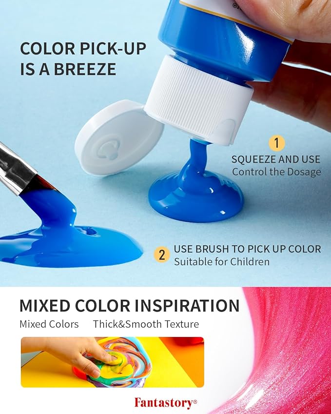 Fantastory Tempera Paint for Kids 24 Colors (2 oz Each) Washable Tempera Paint, Kids Poster Paint Sponge Painting, Non-Toxic Kids Paint Finger Paints Hand Paints Bottles Gifts