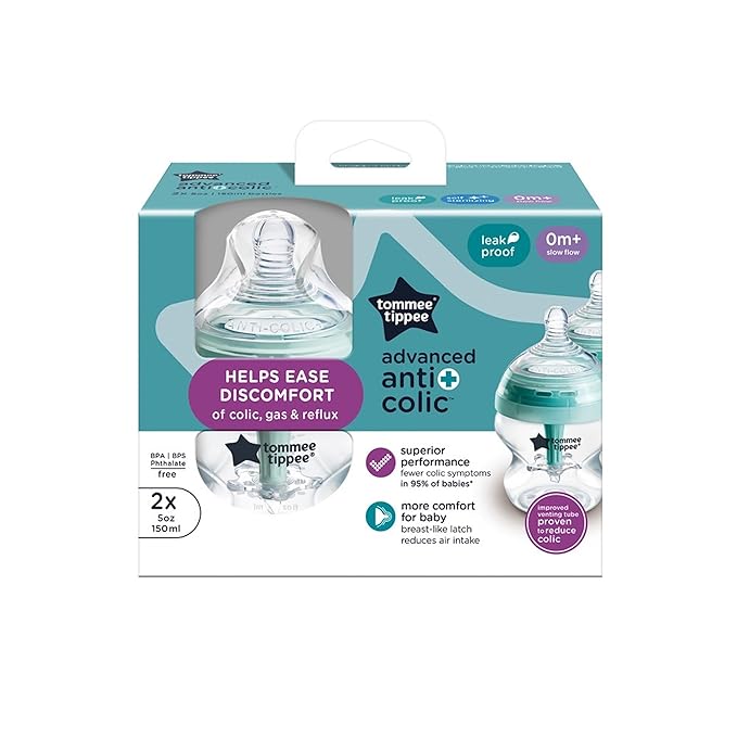 Tommee Tippee Advanced Anti-Colic 5 oz BPA Free Baby Bottles, Newborn 0+ Months, Slow Flow Breast-Like Nipple, Unique Design Keeps Air Away from Milk and Baby, Clear, Pack of 2