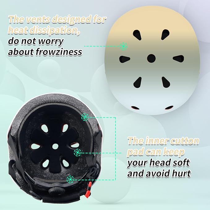 Adjustable Kids Bike Helmet with Knee & Elbow Pads Set, Color Gradient Design for Boys and Girls Aged 3-14+, for Skateboarding, Scooter, Roller & Inline Skating, Longboard