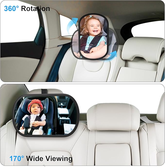 Baby Car Mirror, Safety Car Seat Mirror for Rear Facing Infant, Clear Wide View, 360°Rotation, Easily Observe the Baby Move, Secure, Shatterproof, Crash Tested and Certified (Black)
