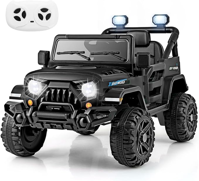 Costzon 12V Kids Ride on Truck Car, Electric Vehicle w/Remote Control, Threaded Wheels, 3 Speeds, LED Lights, Music, Horn & Wireless Connection, Battery Powered Ride on Toy for Boys & Girls 3+ (Black)