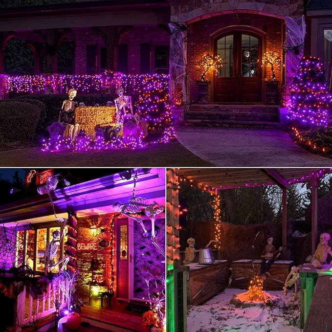 Brizled Orange & Purple Halloween Lights, 33ft 100 LED Halloween Lights 5mm Wide Angle String Light, 120V UL Certified Connectable Mini Purple Light Outdoor for Party Home Tree Decoration, Black Wire