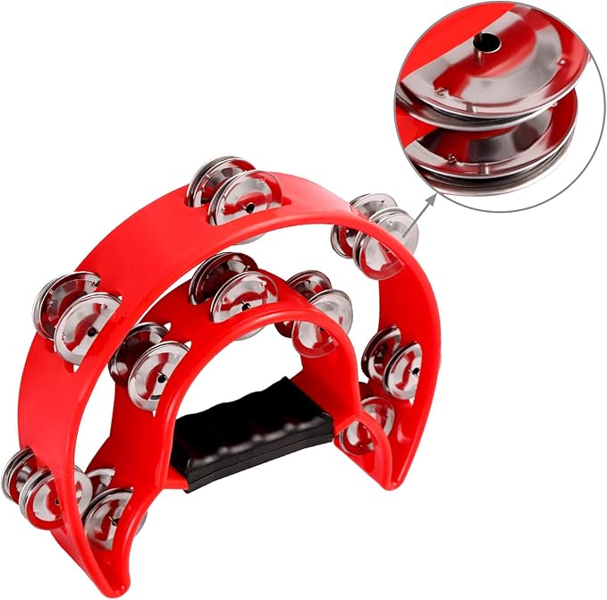EastRock Double Row Tambourine,Metal Jingles Hand Held Percussion-Half Moon Tambourine for Kids, Adults, KTV, Party (Red)