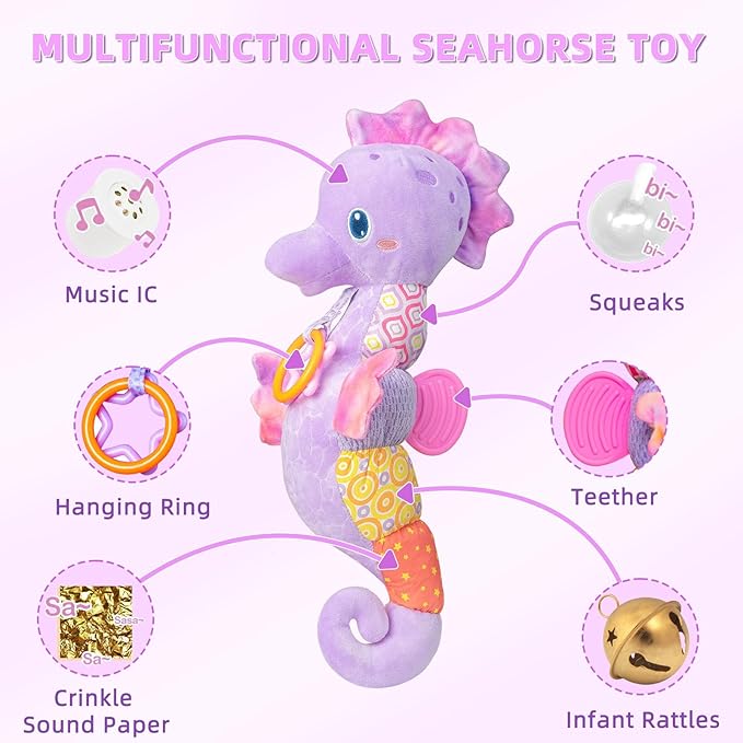 Baby Toys 0-6 Months,Infant Musical Seahorse Stuffed Animals Sensory Toys with Bright Colors,Multiple Textures,Rattles & Crinkle Sound Paper,Tummy Time Toy for Newborn Boys Girls 0-12 Months-Purple
