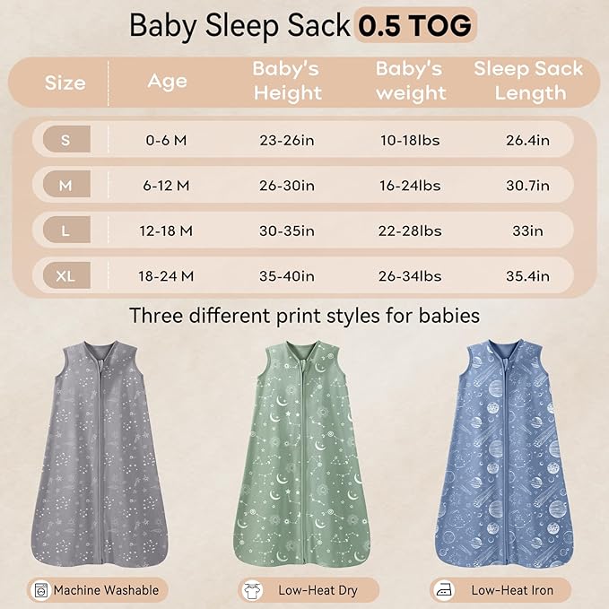 Baby Sleep Sack 12-18 Months 3 Pack 100% Cotton Lightweight 0.5 TOG Wearable Blanket Baby Sleep Bag with 2-Way Zipper for Infant Toddler