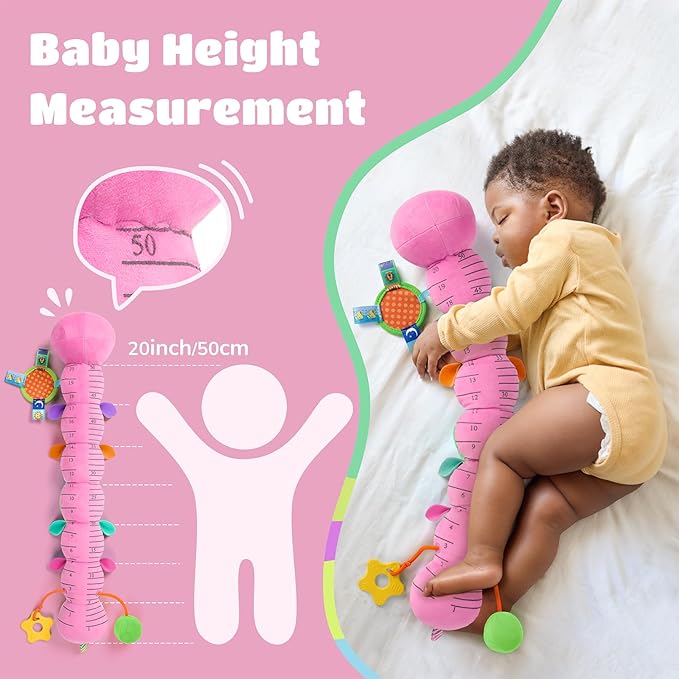 Baby Toys 6-12 Months Music Caterpillar Infant Toys Stuffed Animals 0-3-6 Months Teething Tummy Time Sensory Toys with Mirror Rattle&Pull String for Boys Girls Birthday Gifts|Candy Pink,Leafy