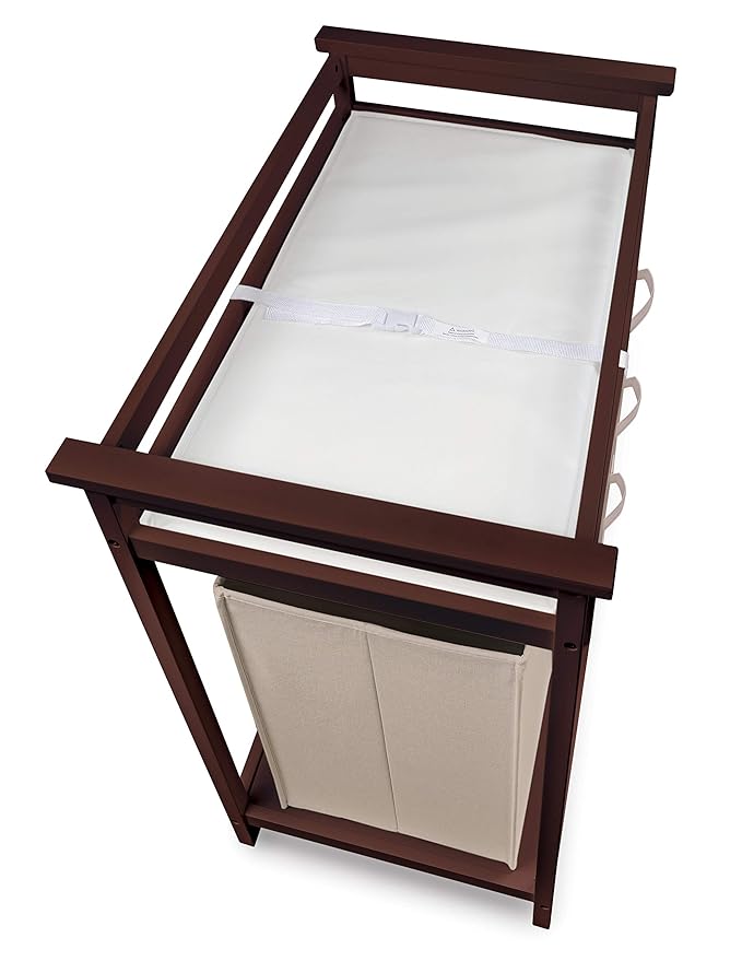Badger Basket Modern Baby Changing Table with Laundry Hamper, 3 Storage Drawers and Pad, Diaper Change Station - Cherry/Ecru