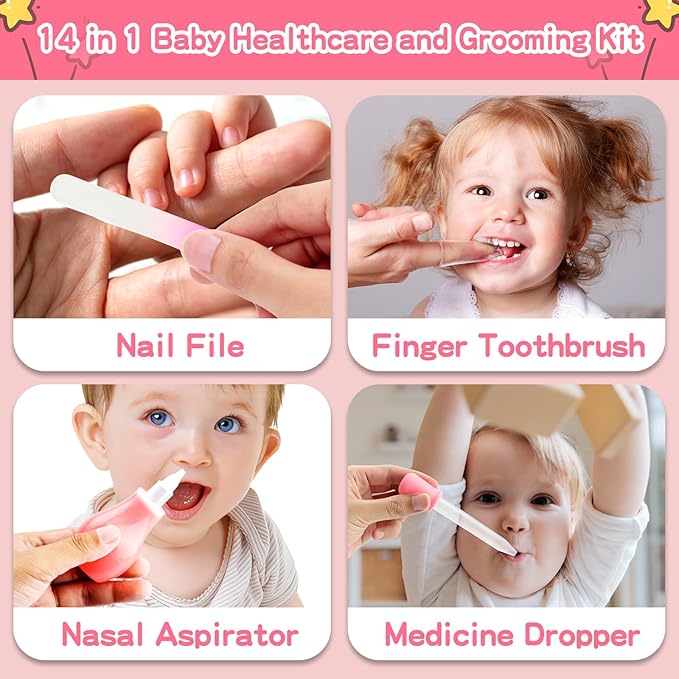 Baby Grooming Kit，Infant Safety Care Setwith Hair Brush Comb Nail Clipper Nasal Aspirator, Baby Essentials Kit for Newborn Girls Boys (14 PC-Pink Kit)