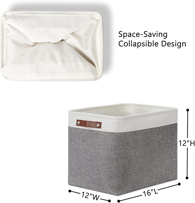 DULLEMELO Storage Baskets Large 16"x12"x12" Rectangular Storage Bins Baskets for Organizing [2 Pack] Fabric Collapsible Storage Organizer for Home,Office,Closet,Clothes,Toys (White&Grey)