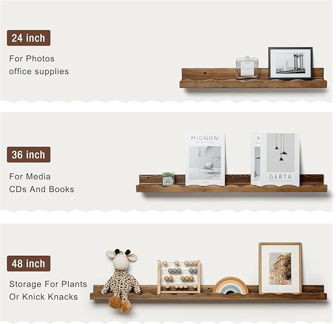 Fun Memories Picture Ledge Shelf for Wall, 36 inch Pine Wood Nursery Book Shelves Set of 2- Wall Book Shelves for Kids Room, Home Decor - Kitchen Spice-Carbonized