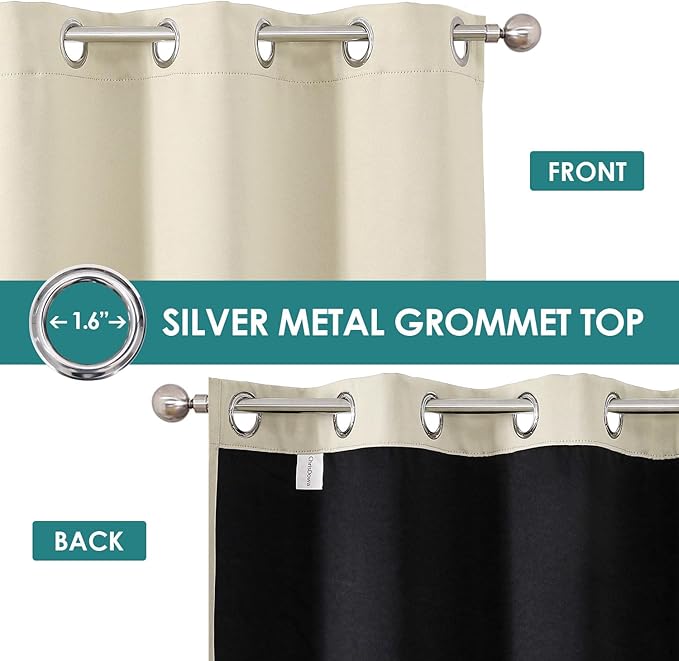 ChrisDowa 100% Blackout Curtains 63 inch Long for Bedroom with Black Liner, 2 Thick Layers Total Blackout Thermal Insulated Grommet Window Curtains 2 Panels Set (Light Beige, 52 x 63 Inch)