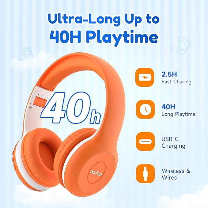 EarFun K2 Kids Bluetooth Headphones, Kids Headphones with Volume Limited, 40H Playtime, Built-in Mic, Stereo Sound, Foldable Over-Ear Headphone for School/Travel/iPad/Tablet, Orange