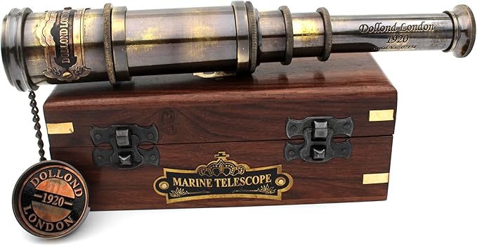 14 Inch Vintage Nautical Brass Telescope with Wood Box – Handheld Spyglass for Marine, Pirate, and Captain Use