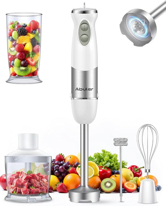 Immersion Blender Handheld 1000W 5 in 1 Corded Stick Hand Blender Kitchen with 12 Speed, BPA-Free, Mixing Beaker, Chopper, Whisk, Milk Frother, Perfect Emulsifier for Soup, Baby Food, Sauce, Puree