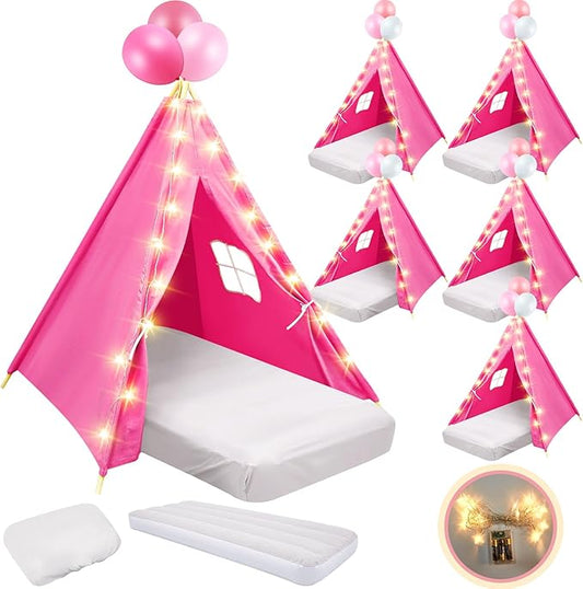 6 Pack Sleepovers Teepee Tent for Kids Bulk with Mattress Sheet Light,Natural Cotton Washable Indoor Play Tent for Birthday Slumber Party Girls Boys Pajama Movie Night Supplies(Rose Red)