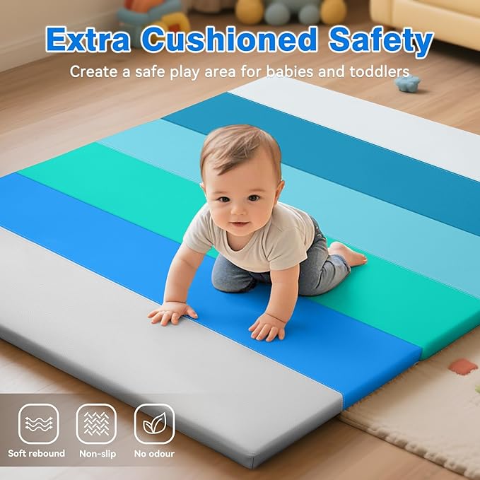 Foam Baby Play Mat: PU Leather Waterproof Kids Playmat - Trifold Floor Mat - Large Play Mat for Playpen Thick Pad Fodable Mattress Soft Toddler Mattress Infant Cushion for Preschool (Modern)