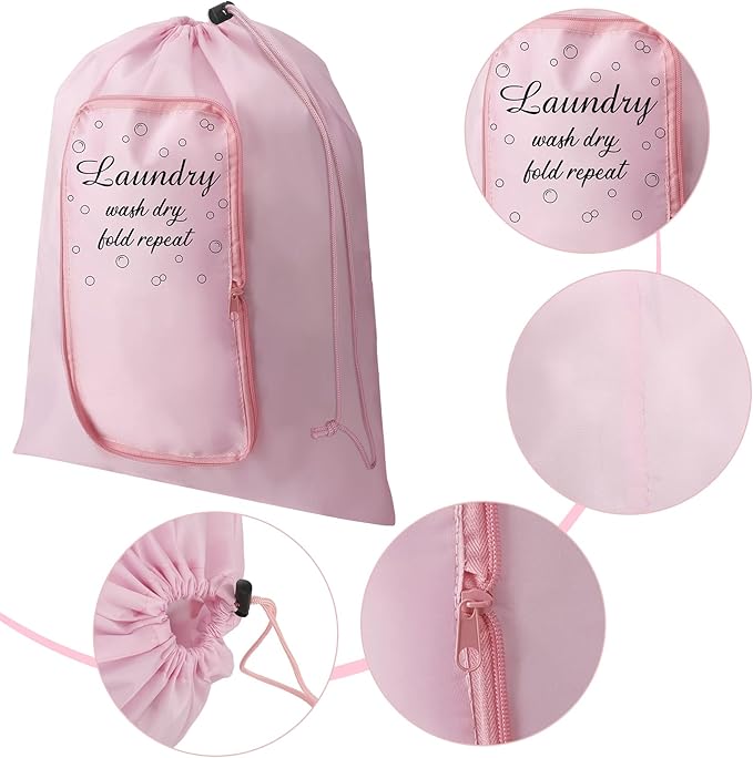 2 Pcs Travel Laundry Bag Washable Dirty Clothes Bag with Drawstring and Zipper for Suitcase, 22 x 18 Inch (Pink, Gray,Bubble)
