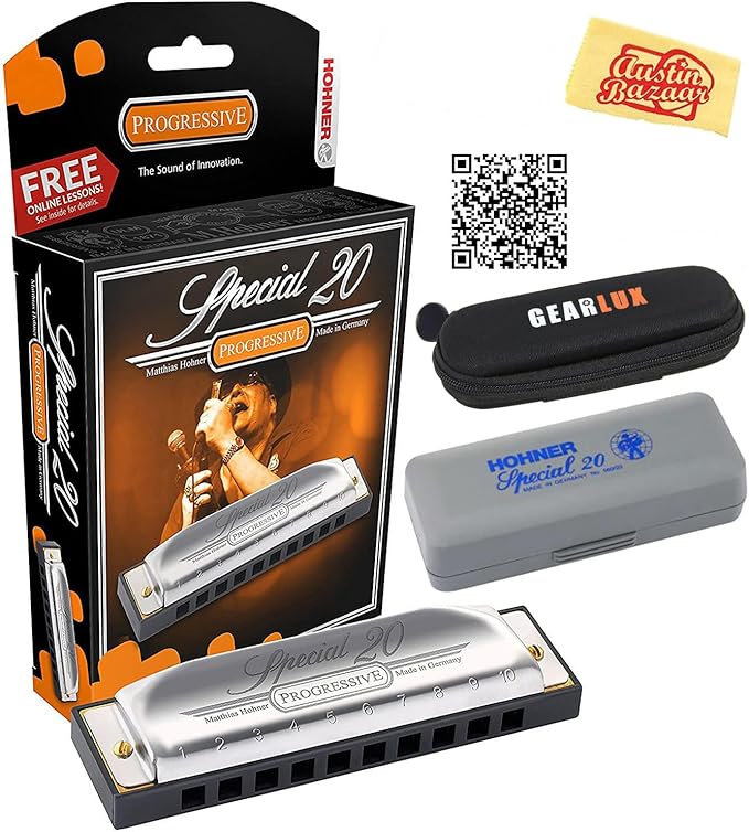 Hohner Special 20 Harmonica - Key of G Bundle with Case, Pouch, Online Manual, and Austin Bazaar Polishing Cloth