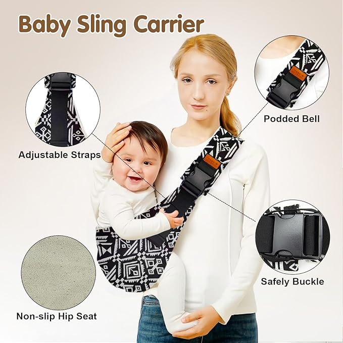 Baby Sling Carrier,Toddler Carrier, 2025 New Baby Sling,Portable and Lightweight Sling,Non-Slip Hip Seat Carrying 10-30lbs(Black and White)