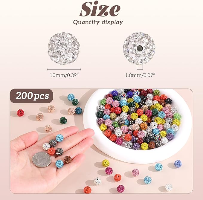 200pcs 10mm Rhinestone Beads for Jewelry Making, Fuchsia Shiny Round Disco Ball Beads Bulk, Sparkle Crystal Clay Christmas for Bracelet Baseball Necklace Earring Crafting and DIY