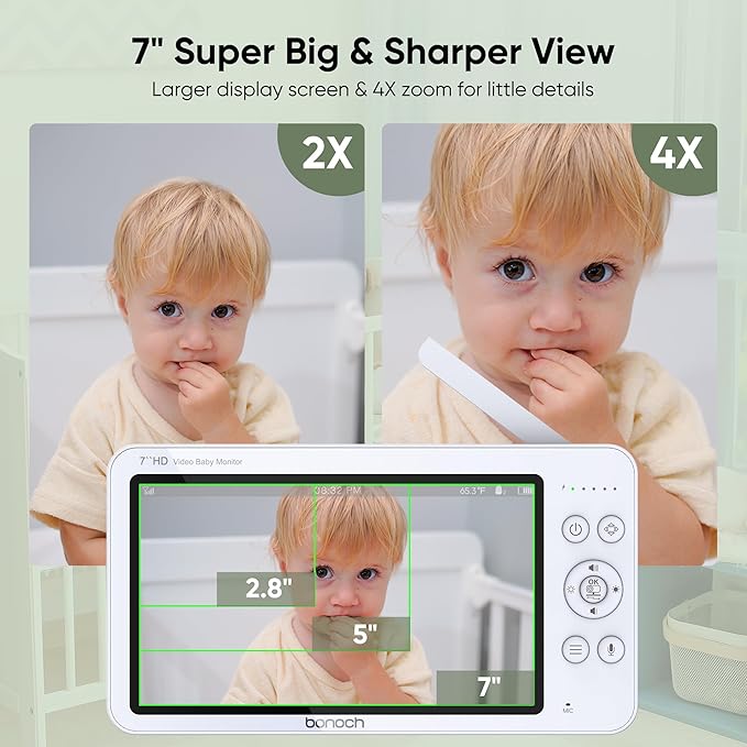 bonoch MegaView Baby Monitor with Camera and Audio, 7" 720P HD Video Baby Monitor No WiFi, 6000mAh Battery, VOX Mode, Auto Night Vision, Hack Proof, Remote PTZ, Baby Camera Monitor