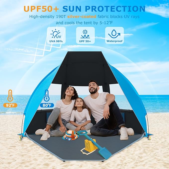 Gorich Portable Beach Tent for 3/4-5/6-7 Person with UPF 50+ UV Protection, Lightweight & Foldable Sun Shelter with 5 Sand Bags, Easy Setup Windproof Beach Umbrella Sun Shade