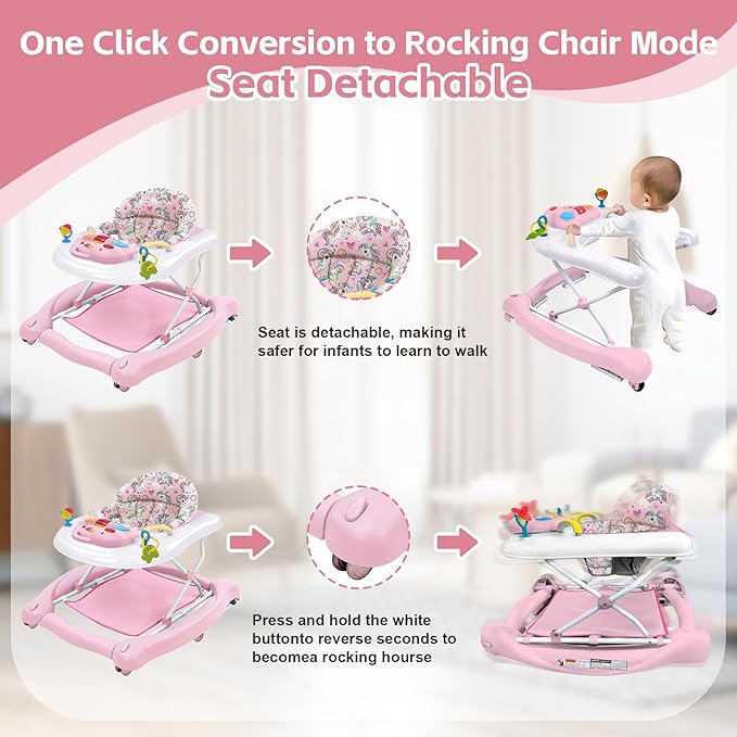 Foldable Baby 5-in-1 Activity Walker - Rocker, Activity Center, Bouncer, Seat Walker, Push Walker - Adjustable Speed Rear Wheels and Height Toys Ages 6-18 Months… (Pink)