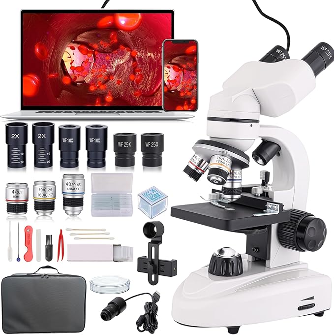 Binocular Compound Microscope 40X-2000X, Research Grade Professional Microscope with Dual Mechanical Stages and Coaxial Coarse/Fine Focus Knobs, Built-in Electronic Eyepieces, Adult Microscope