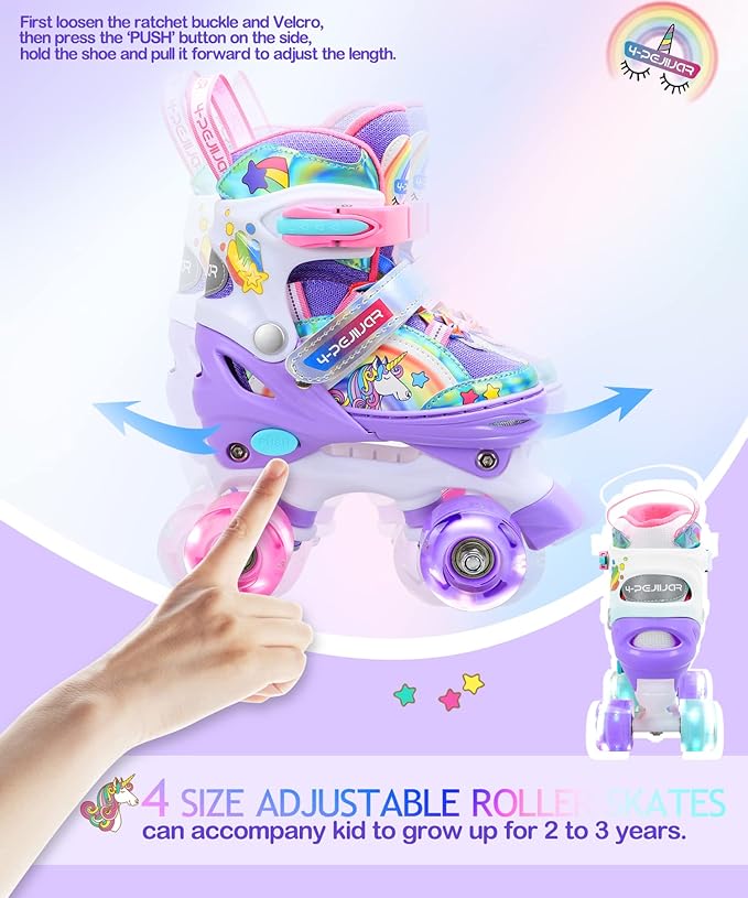 4-Pejiijar Rainbow Unicorn Kids Roller Skates for Girls Toddler Ages 2-4 5-8 8-12,Adjustable Roller Shoes with Luminous Wheels for Birthday Xmas Gifts