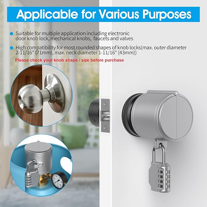 AST Door Knob Lockout Device with Passcode Padlock, Childproof Door Knob Cover, Lock Out to Smart Doorknob. Safety Cover for Faucet, Valve, Spigot. Prevent Access to Keyhole, Matte Silver