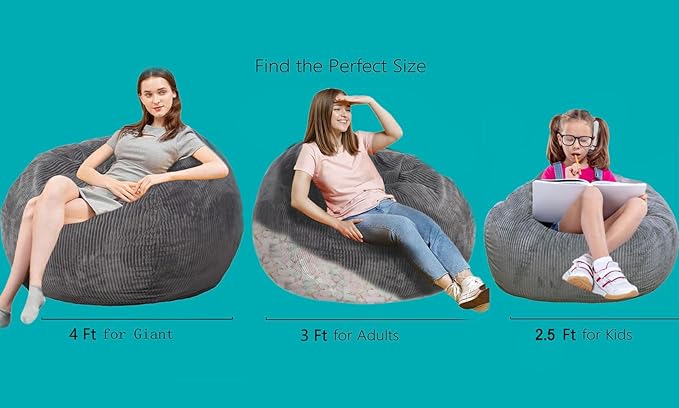 Bean Bag Chair with Faux Rabbit Fur Cover, 4 ft Giant Memory Foam Bean Bag Chairs for Adults/Teens with Filling,Ultra Soft Faux Fur Fabric, Round Fluffy Sofa
