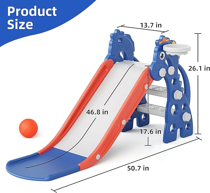 67i Toddler Slide for Indoor & Outdoor Play with Basketball Hoop, Anti-Slip Steps, 46.8in Baby Climber (Blue)