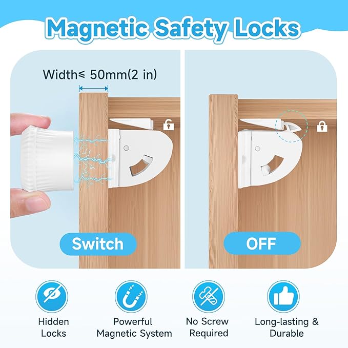 10 Pack Magnetic Cabinet Locks for Child Safety, Drawer Locks Baby Proofing, Magnetic Door Safety Locks for Cabinets and Drawers, Easy Installation No Tools Required (10 Pack and 2 Keys)