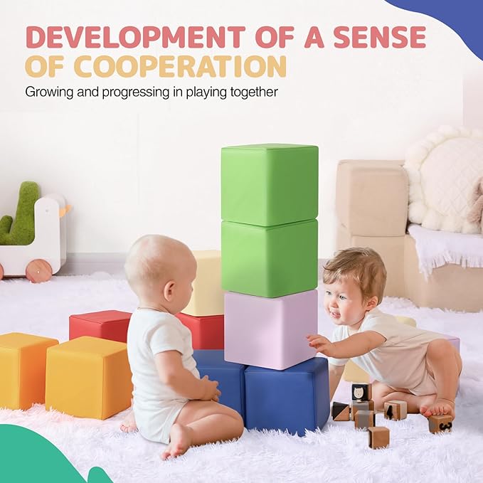 Foam Building Blocks for Kids: 12-Pieces PU Leather Colorful Foam Blocks - Building Toys for Toddler - Giant Stacking Blocks Toys - Soft Indoor Playset for Birthday Gift Preschool Learning (Classic)