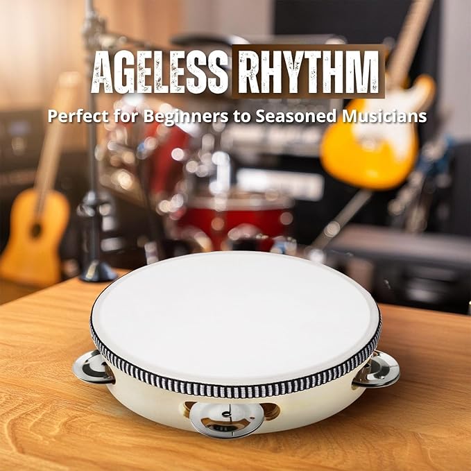 Flexzion Wooden Round Tambourine for Kids and Adults 6" Inch Single Row 8 Pair Jingles, Wood Handheld Percussion Instrument for Beginner and Professional Tambourine Player