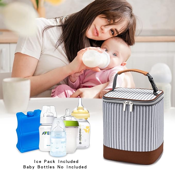 Breast Milk Cooler Bag with Ice Pack Fits 4 Baby Bottles Up to 9 Ounce, Baby Bottle Bag Great for Nursing Mom Daycare, Strap