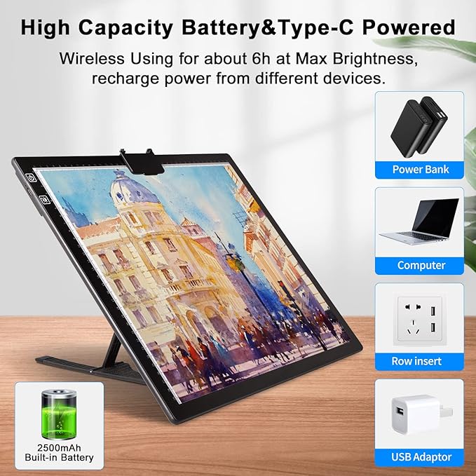 A3 Light Pad, Elice Tracing Light Box 3 Colors Mode Stepless Dimmable and 6 Levels of Brightness Light Copy Pad, Wireless Rechargeable Led Light Board for Weeding Vinyl Diamond Painting Sketching