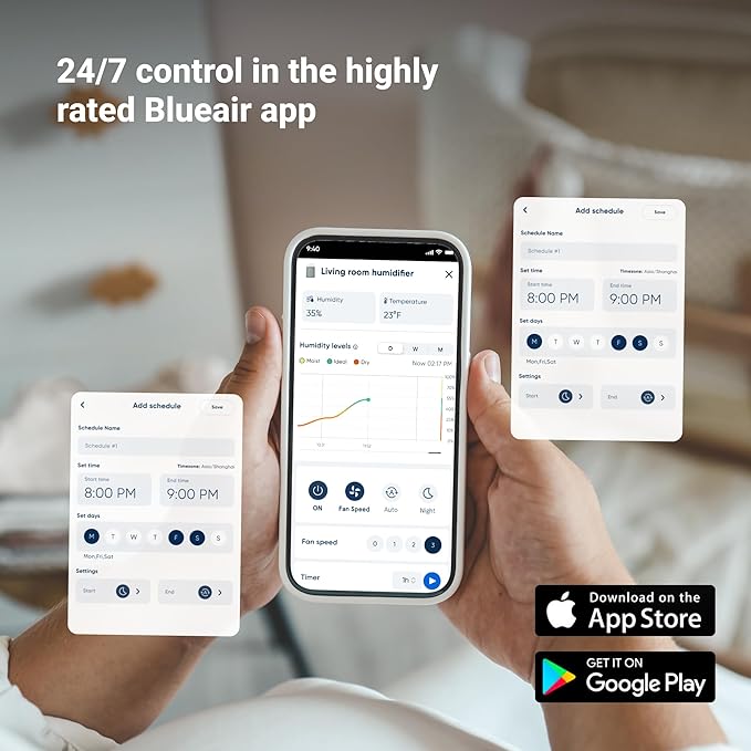 BLUEAIR Premium Smart Humidifier for Large Rooms, Bedrooms, Better Sleep with Evaporative Invisible Mist Tech, Auto Humidify, Easy Top Fill, Smart Control with App, Touchscreen, 3.5L Tank for 48 hours