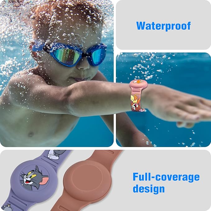 2 Pack AirTag Bracelet for Kids, Waterproof Cute Cartoon Air tag Holder for Kids with Watch Band Design, Full Coverage Silicone Airtag Hidden Accessories for Child, Healthy Material Brown + Grey