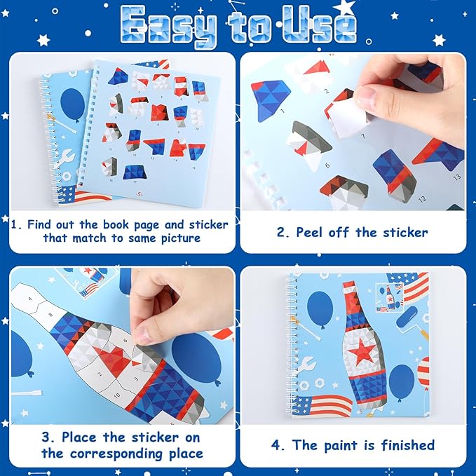 4Pcs Patriotic Paint by Sticker Books Sticker by Number Books Activity Book Puzzle Book Craft Art Gift Memorial Day 4th of July American Star 32 Pictures