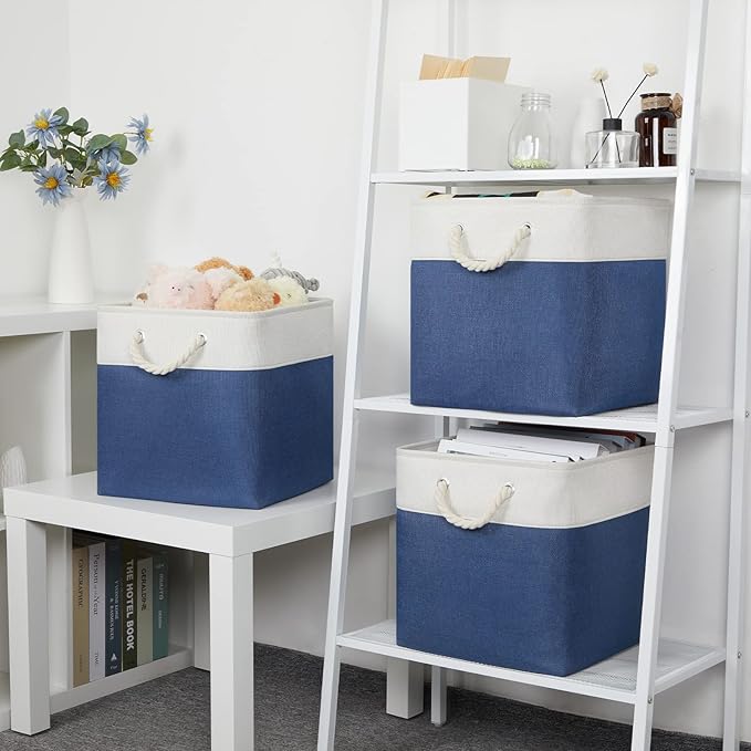 Bidtakay Storage Baskets Large Cube Storage Bins Fabric Baskets for Organizing Shelves 13x13 Navy Blue Square Storage Bins Large Set of 3 Linen Closet Organizers for Cabinet Home