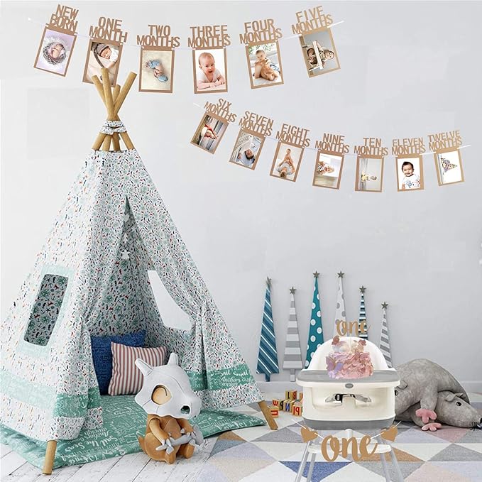 1st Birthday Photo Banner Decorations Monthly Milestone Photograph Bunting Garland with First Birthday Cake Topper High Chair Banner 1st Birth Decorations