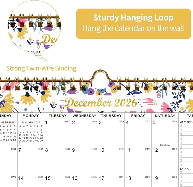 Calendar 2025-2027 22 Monthly Wall Calendar Runs from September 2025 until June 2027 Spiral Binding Hanging 11.5" x 14.7" Thick Paper with Julian Dates and Block for School Office（Flower）