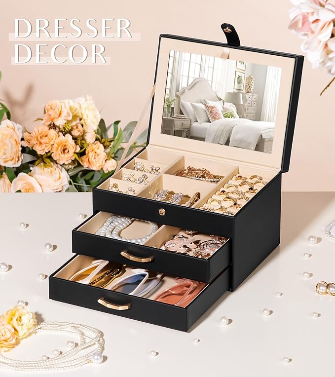 Black Jewelry Box Organizer: Home Decor for Women - 2-Drawer Holder for Valentine’s Day Birthday Christmas Black Grey-Purple