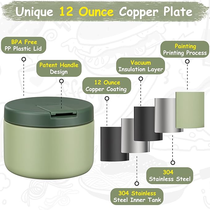 12oz Insulated Vacuum Food Jar with Buckle Lid Wide Mouth Soup Thermo for Hot Food Kids Leakproof Stainless Steel Lunch Container- Green- 1Pack