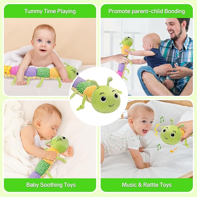 Baby Toys, Musical Plush Stuffed Toy for Newborn 0-3 0-6 3-6 6-12 Months Old, Animal Soft Rattle Sensory Toys with Teether for Tummy Time, Infant Boy& Girl Easter Gifts, Caterpillar
